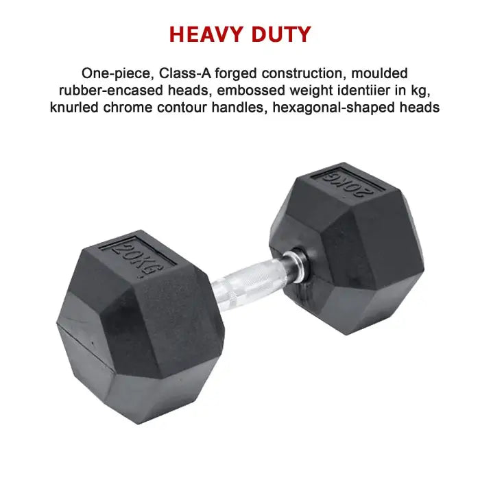 1 x 20kg Rubber Hex Dumbbell