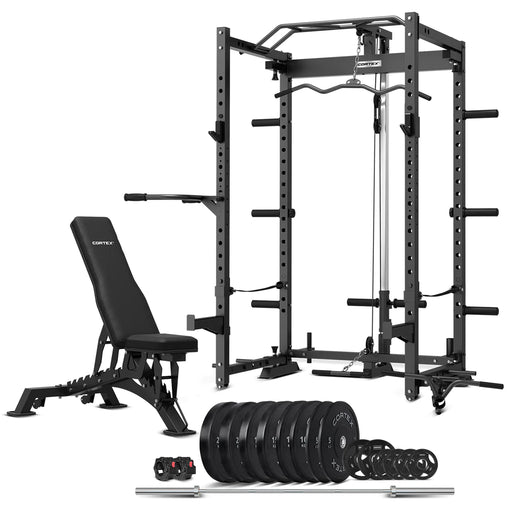 Cortex PR-4 Foldable Squat & Power Rack + BN-9 Bench + 130kg Olympic Bumper Weight and Barbell Package