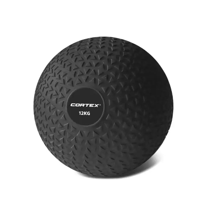Black exercise ball with 'Cortex' branding and '12KG' marking on a white background