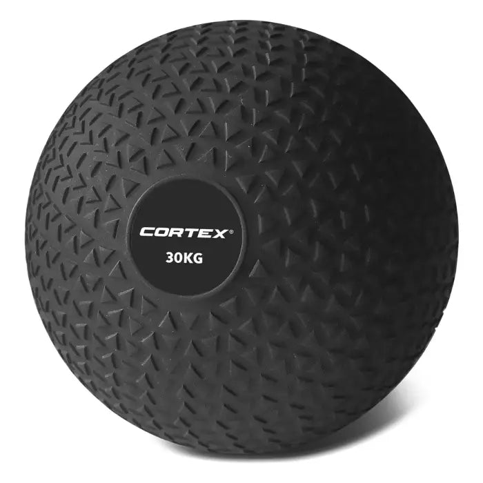 Black slam ball with 'Cortex' branding and '30KG' marking on a white background