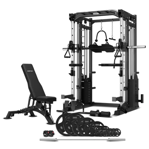 Cortex SM-25 6-in-1 Power Rack with Smith and Cable Machine, BN9 Bench, 100kg Olympic Weight Plate and Barbell