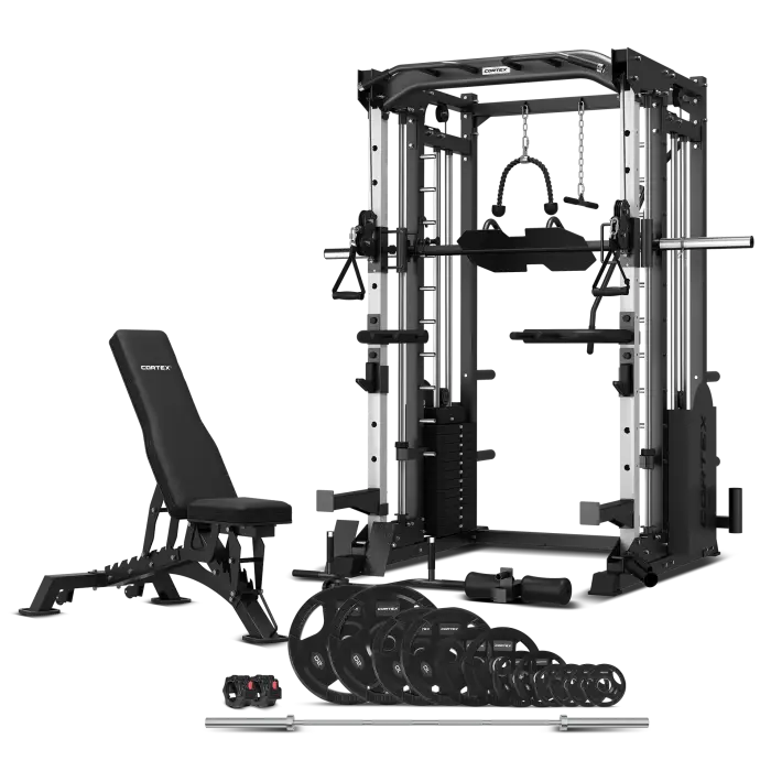 Cortex SM-25 6-in-1 Power Rack with Smith and Cable Machine, BN9 Bench, 100kg Olympic Weight Plate and Barbell