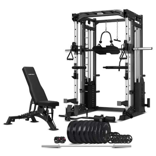 Cortex SM-25 6-in-1 Power Rack with Smith and Cable Machine, BN9 Bench, 130kg Olympic Bumper Weight Plate and Barbell