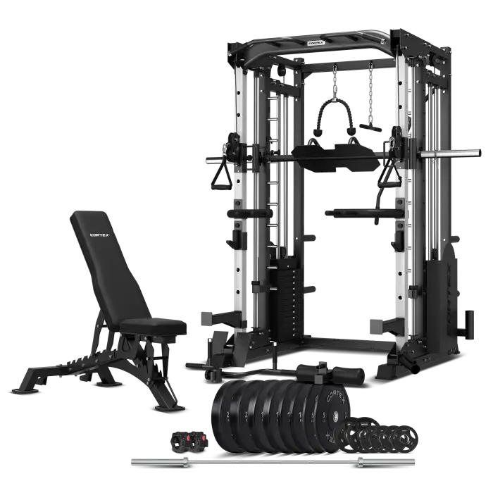 Cortex SM-25 6-in-1 Power Rack with Smith and Cable Machine, BN9 Bench, 130kg Olympic Bumper Weight Plate and Barbell