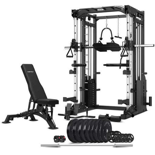 Lifespan Fitness SM-25 6-in-1 Power Rack with Smith and Cable Machine, BN9 Bench, 130kg Olympic Bumper Weight Plate and Barbell