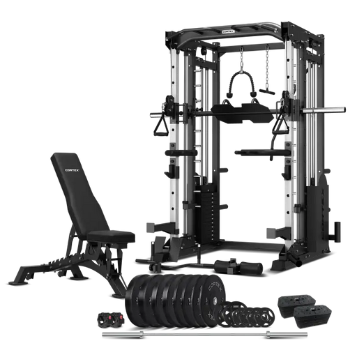 Cortex SM-25 6-In-1 Power Rack with Smith & Cable Machine + BN-9 Bench + Ultimate Olympic Bumper Weight Plate & Barbell Package