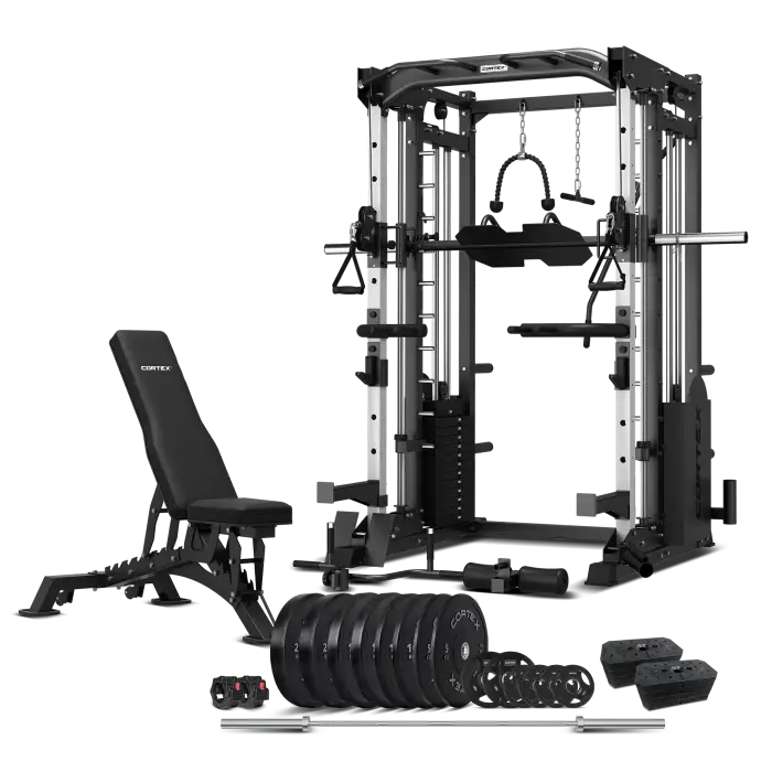 Cortex SM-25 6-In-1 Power Rack with Smith & Cable Machine + BN-9 Bench + Ultimate Olympic Bumper Weight Plate & Barbell Package