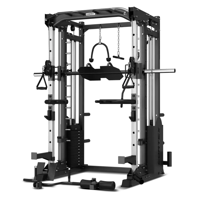 Cortex SM-25 6-In-1 Power Rack with Smith & Cable Machine + BN-9 Bench + Ultimate Olympic Bumper Weight Plate & Barbell Package