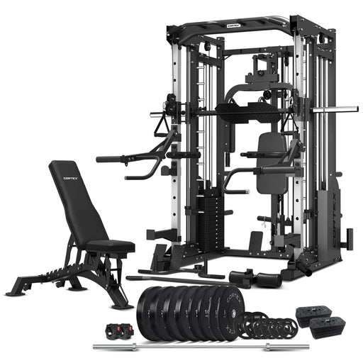 Cortex SM-25 6 in 1 Power Rack with Smith and Cable Machine + Jammer Arms + Chest Fly Attachment + 23kg Weights Add On + BN-9 Bench + Ultimate Olympic Bumper Weight Plate and Barbell Package