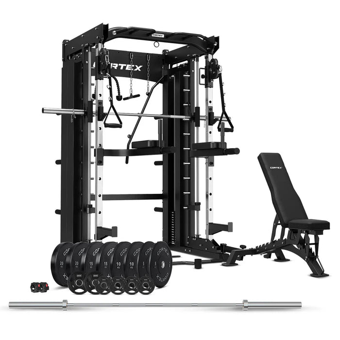 CORTEX SM-26 6-in-1 Power Rack with Dual Stack Smith & Cable Machine + BN9 Bench + 130kg Olympic Weight Plate & Barbell Package