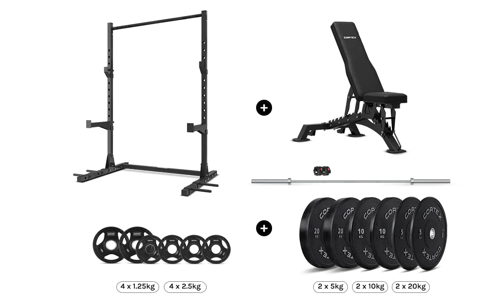 Cortex SR3 Squat Rack with 100kg Olympic Bumper Weight, BN-9 Bench and Barbell