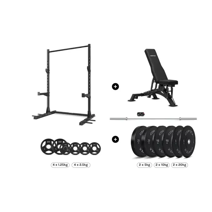 Cortex SR3 Squat Rack with 100kg Olympic Bumper Weight, BN-9 Bench and Barbell