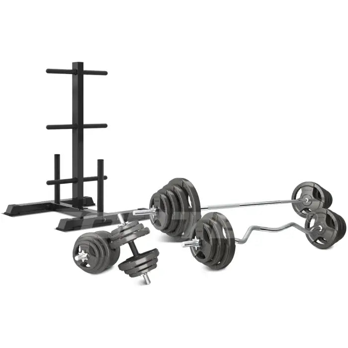 Lifespan Fitness 90kg Cast Iron Tri-Grip Weight Set with Weight Tree and Bar