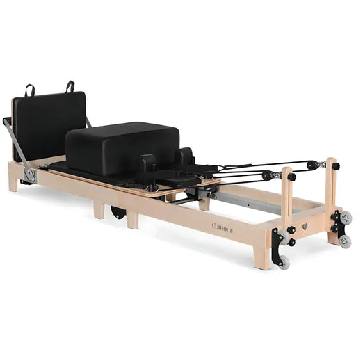 image of the Lifespan Fitness Contour Folding Pilates Reformer in black with a side view and white background