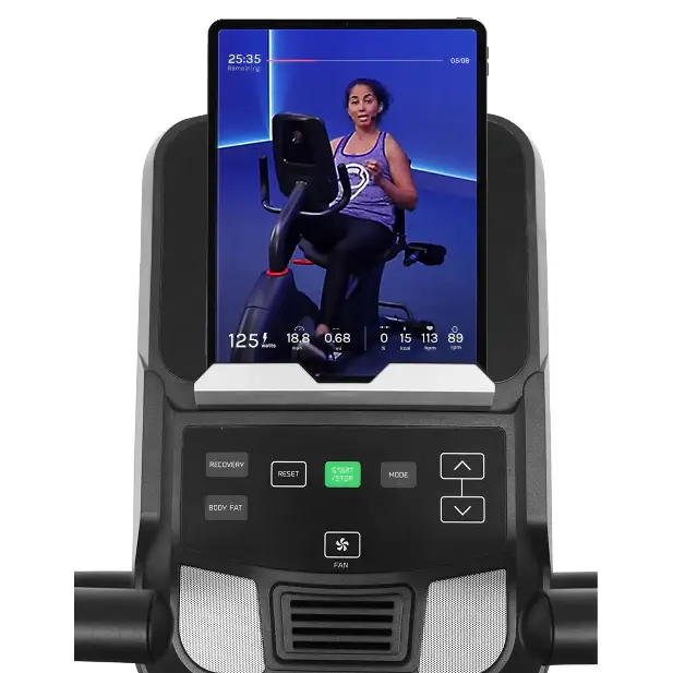 front on image of where you can put your ipad on the rbx-100 recumbent bike white background