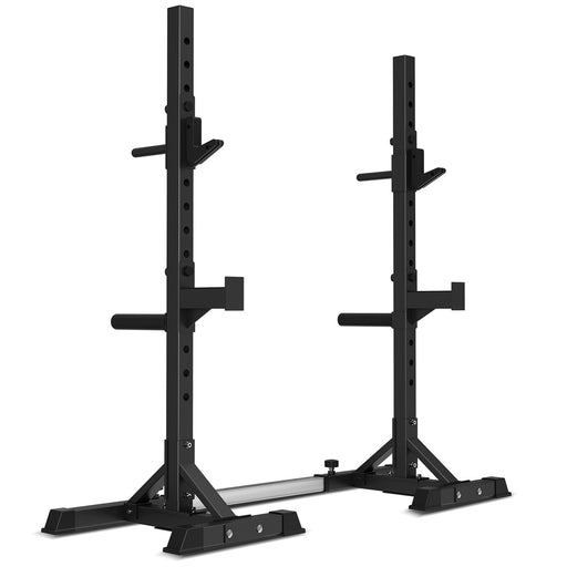 Black weightlifting squat rack on a white background