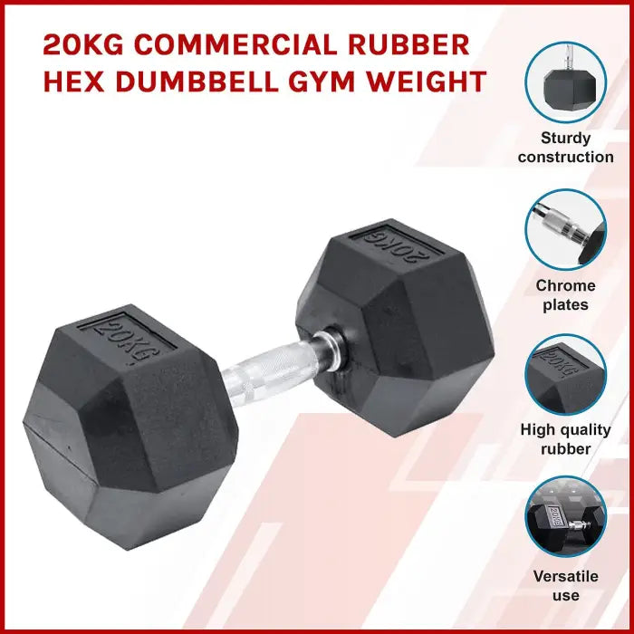 1 x 20kg Rubber Hex Dumbbell