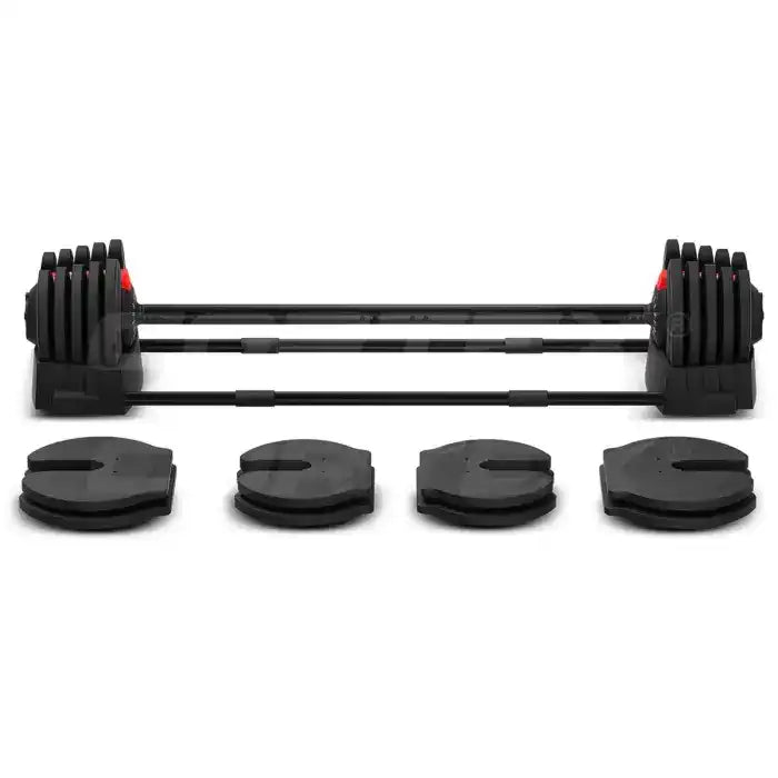 Adjustable dumbbell with removable weight plates and a connecting bar.