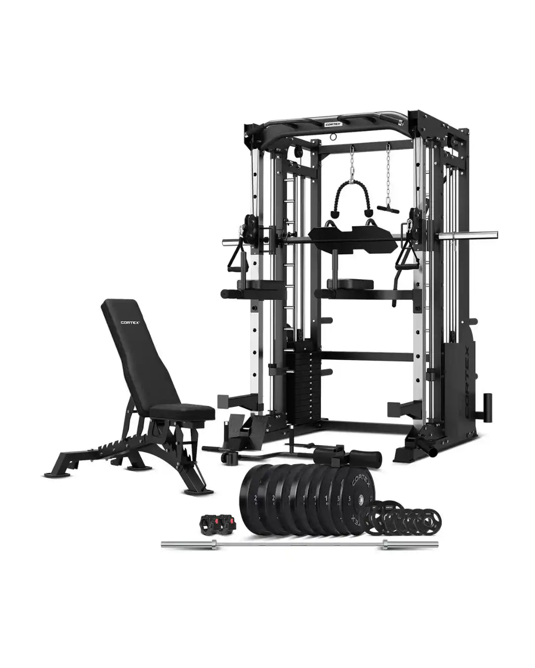Black and silver home gym system with a weight bench, barbell, and plates.