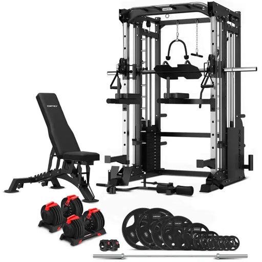 Cortex SM-20 6-in-1 Power Rack with Smith & Cable Machine with 48kg Revolock V2 Adjustable Dumbbells + 100kg Essentials Package
