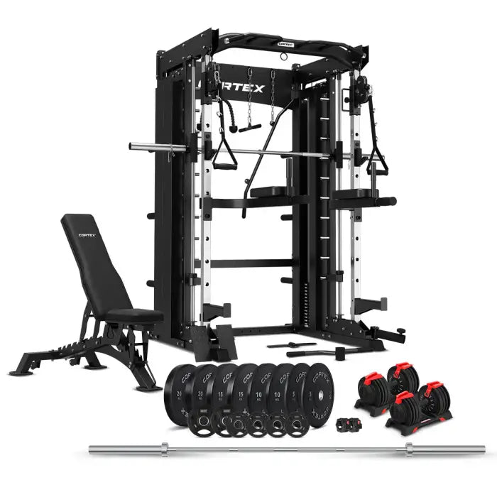 Cortex SM-26 6-in-1 Power Rack with Dual Stack Smith & Cable Machine with 48kg Revolock V2 Adjustable Dumbbells + 100kg Essentials Package