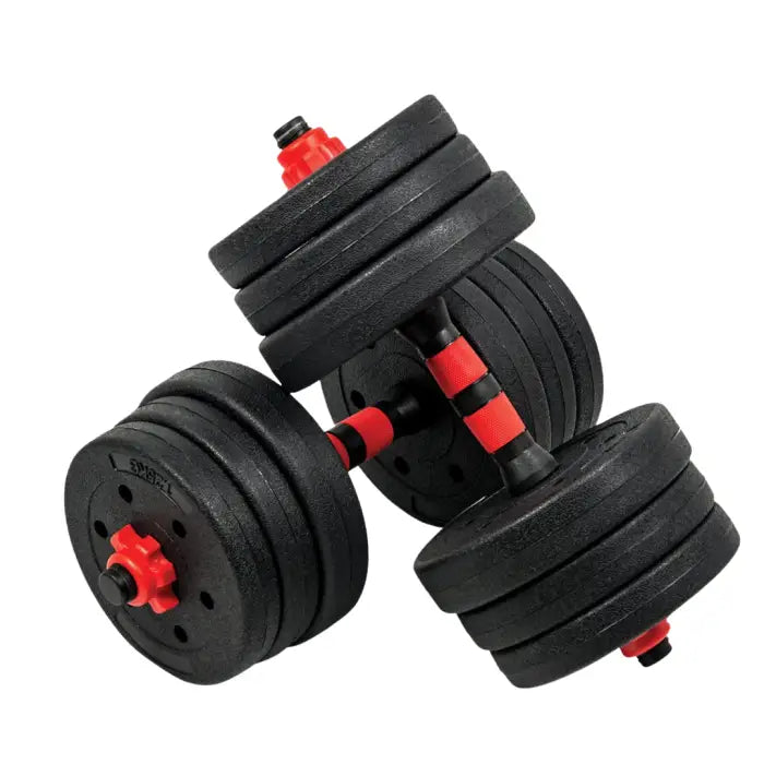 20kg adjustable dumbbell set featuring black weight plates and red accents