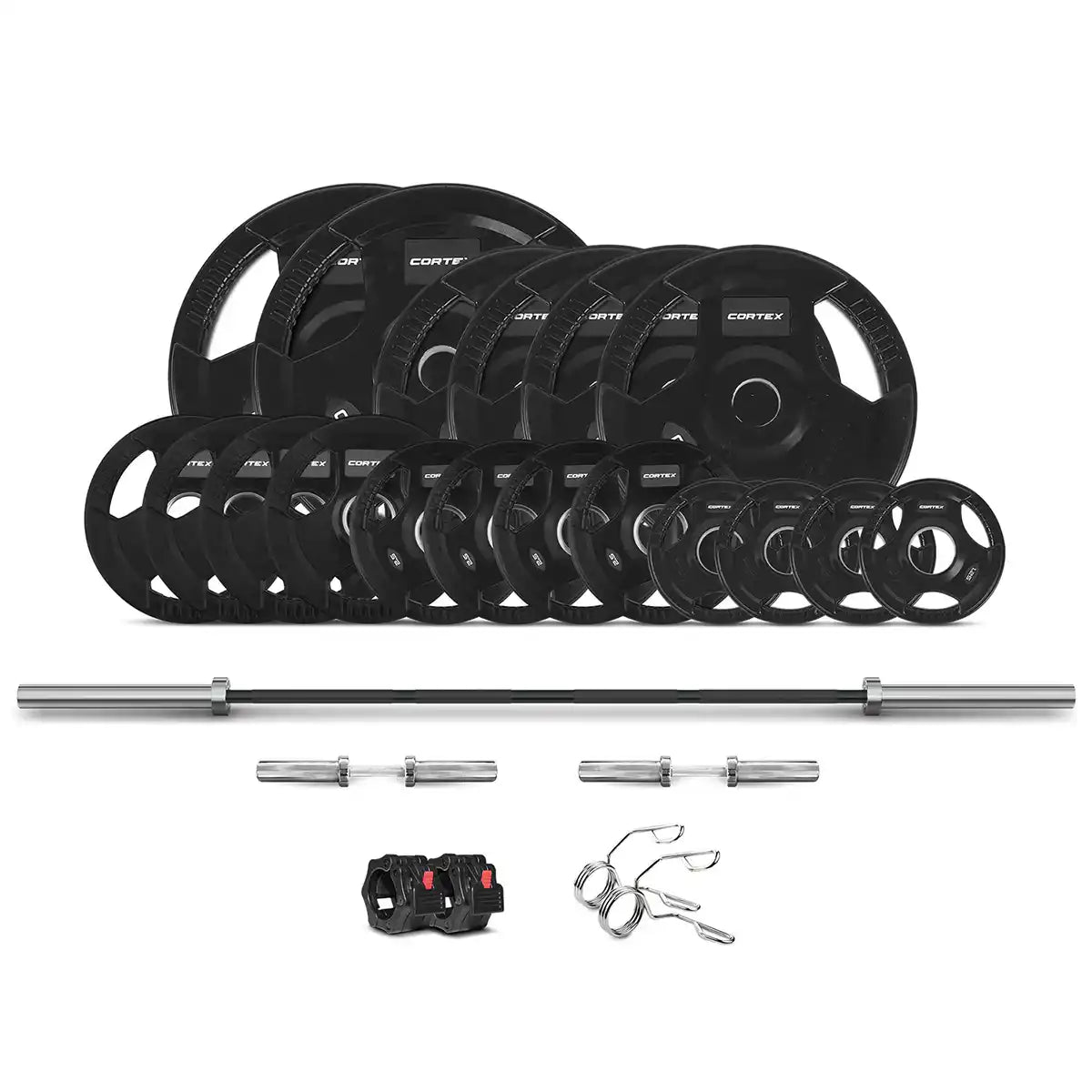 A set of black weight plates, barbells, and dumbbell handles with various collars.